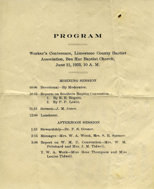 1923 Program, Ben Hur Baptist Church, Falls County, Texas
