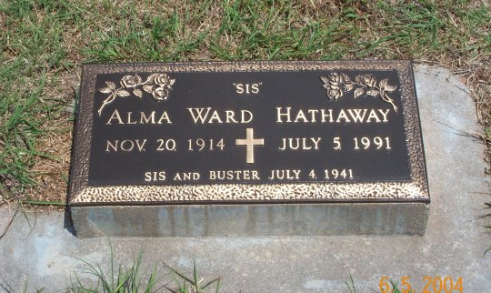 Gravestone for Alma 'Sis' (Ward) Hathaway,

Sunnyside Cemetery, Sun City, Barber County, Kansas.

Photo by Kim Fowles.