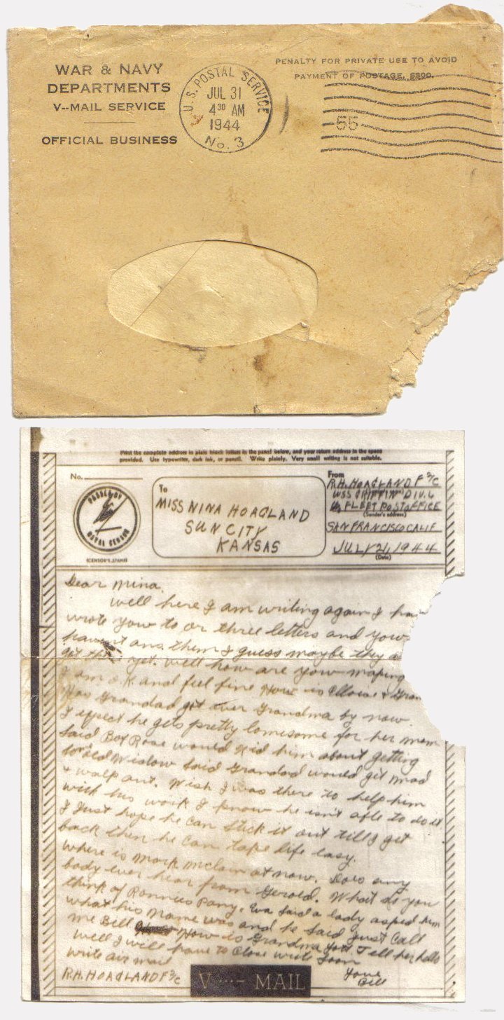Vmail from Raymond Harold 'Bill' Hoagland, US Navy, World War II, to his aunt, Nina Hoagland.

Letter courtesy of Kim (Hoagland) Fowles.