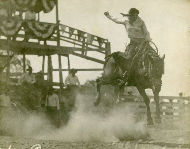 Madge Runyon, Cowgirl, riding 'Buddy' at McLain's Roundup.  Photo by Homer Venters, from the collection of Brenda McLain, courtesy of Kim Fowles.