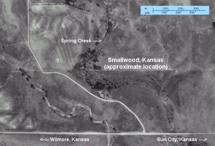 The approximate location of Smallwood, Comanche County, Kansas.

USGS aerial photograph taken 15 August 1991. 

CLICK HERE to view the photograph on TerraServer USA.