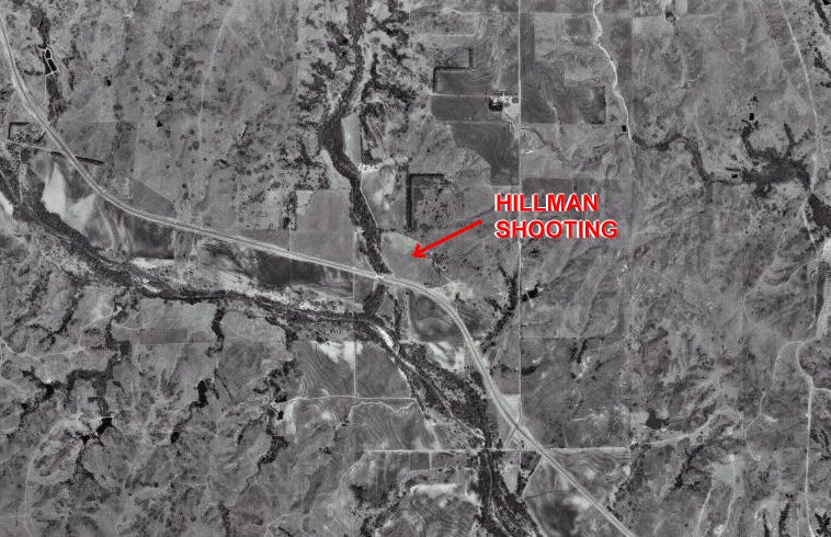 USGS aerial photograph, 21 March 1996, of a portion of Elm Mills Township, Barber County, Kansas, showing the location where John W. Hillman was shot and killed.