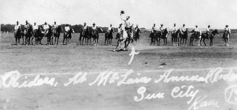 Marion Francis McLain, waving hat, rides in front of other riders at the McLain Roundup, Sun City, Barber County, Kansas.   Photo by Homer Venters, courtesy of his great-nephew, Mike Venters. 