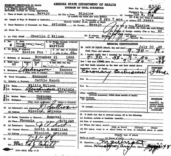 Death certificate for Charlie C. Wilson of Winslow, Navajo County, Arizona.