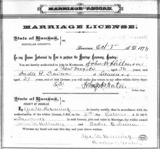 Marriage License: John W. Hillman and Sadie E. Quinn.

Courtesy of Shirley Brier.