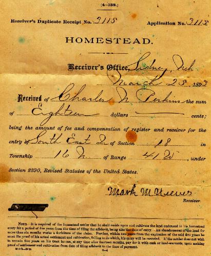Charles N. Perkins homestead purchase receipt