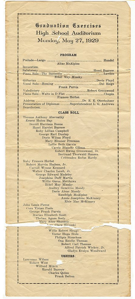 Program for graduation ceremonies, 1929