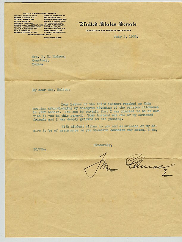 Letter from Tom Connally to Ila Hudson