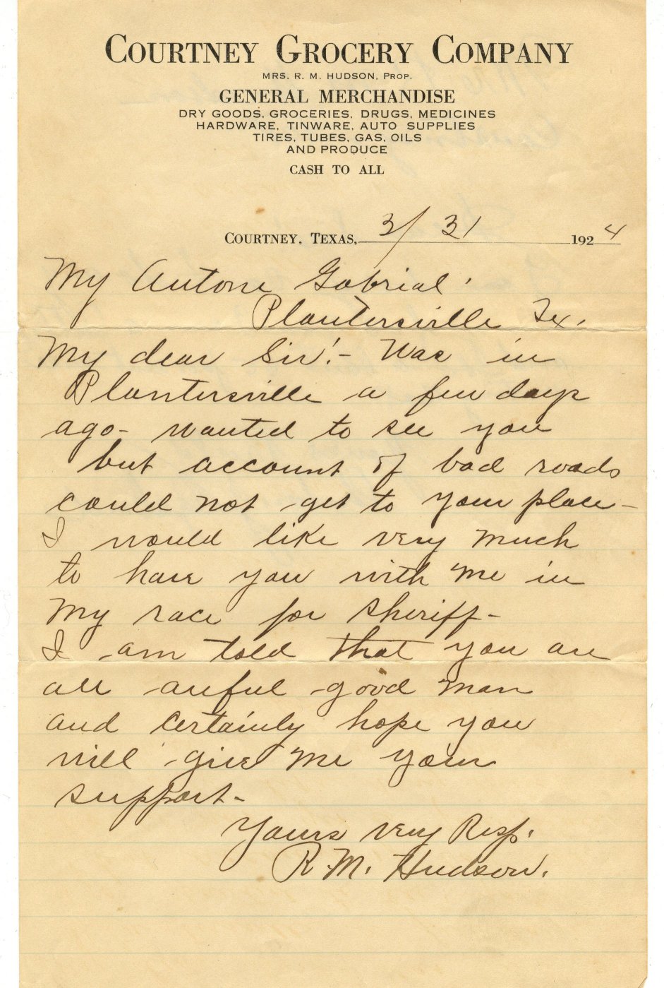 Robert M. Hudson Letter to Antony Gabriel
