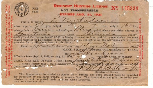Robert M. Hudson hunting license