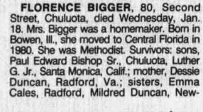 Obituary for FLORENCE BIGGER (Aged 60) - 