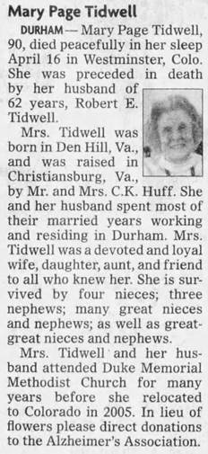 Obituary for Mary Page Tidwell - 