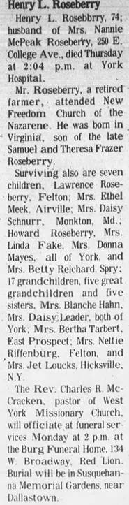 Obituary for Henry L. Roseberry (Aged 74) - 