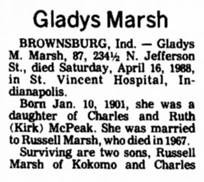 Gladys McPeak Marsh obit 1988 - 