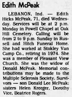 Obituary for Edith Hicks McPeak (Aged 71) - 