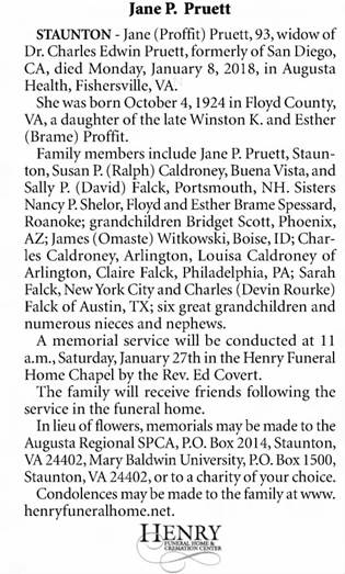 Obituary for Jane P. Pruett, 1924-2018 (Aged 93) - 