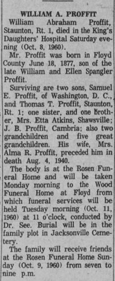 Obituary for William Abraham PROFFIT, 1877-1960 - 