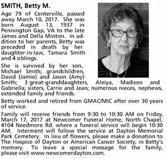 Obituary for Betty M. SMITH, 1937-2017 (Aged 79) - 