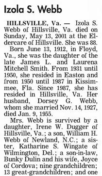 Obituary for Izola S. Webb, 1912-2001 (Aged 88) - 