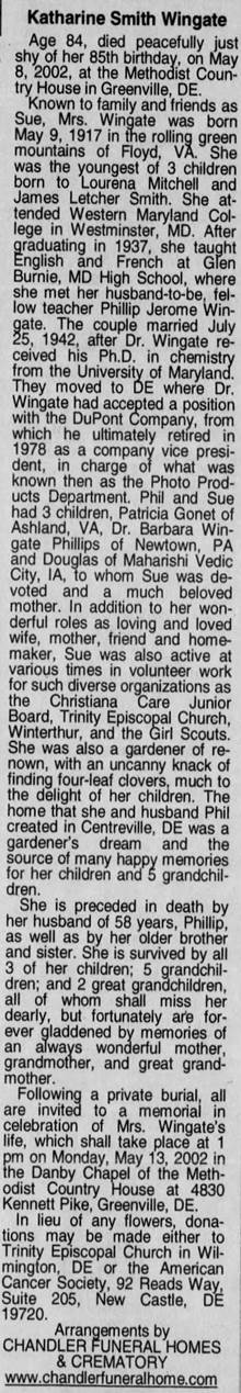 Obituary for Katharine Smith Wingate, 1917-2002 (Aged 85) - 