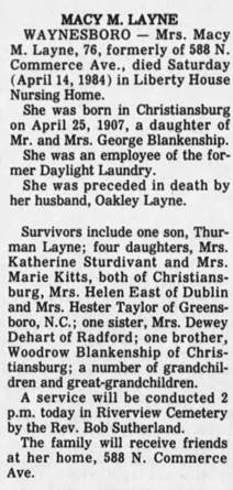 Obituary for MACY M. LAYNE, 1907-1984 (Aged 76) - 