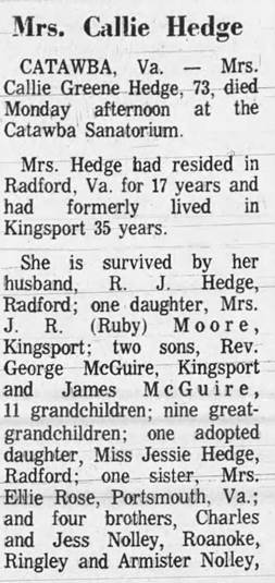 Obituary for Callie Greene Hedge - 
