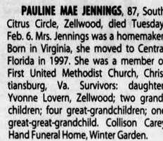Obituary for PAULINE MAE JENNINGS - 