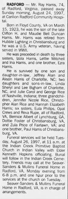 Obituary for Ray Harris, 1923-1997 (Aged 74) - 