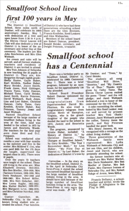 Smallfoot School 1868-1980, District 11, Otoe County Nebraska