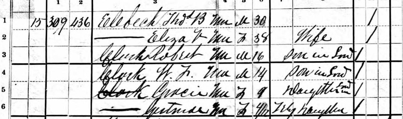 1880 United States Census record for the Thomas B. Elebeck household in Petersburg, Virginia