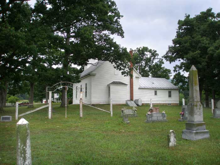 Cedar Creek Cemetery view of church