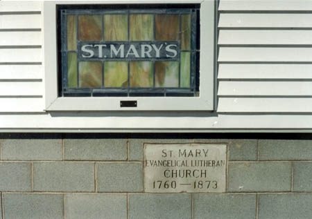 Exterior window, note 'cornerstone' with dates, St. Mary's (Pine) Lutheran Church, Mt. Jackson, VA